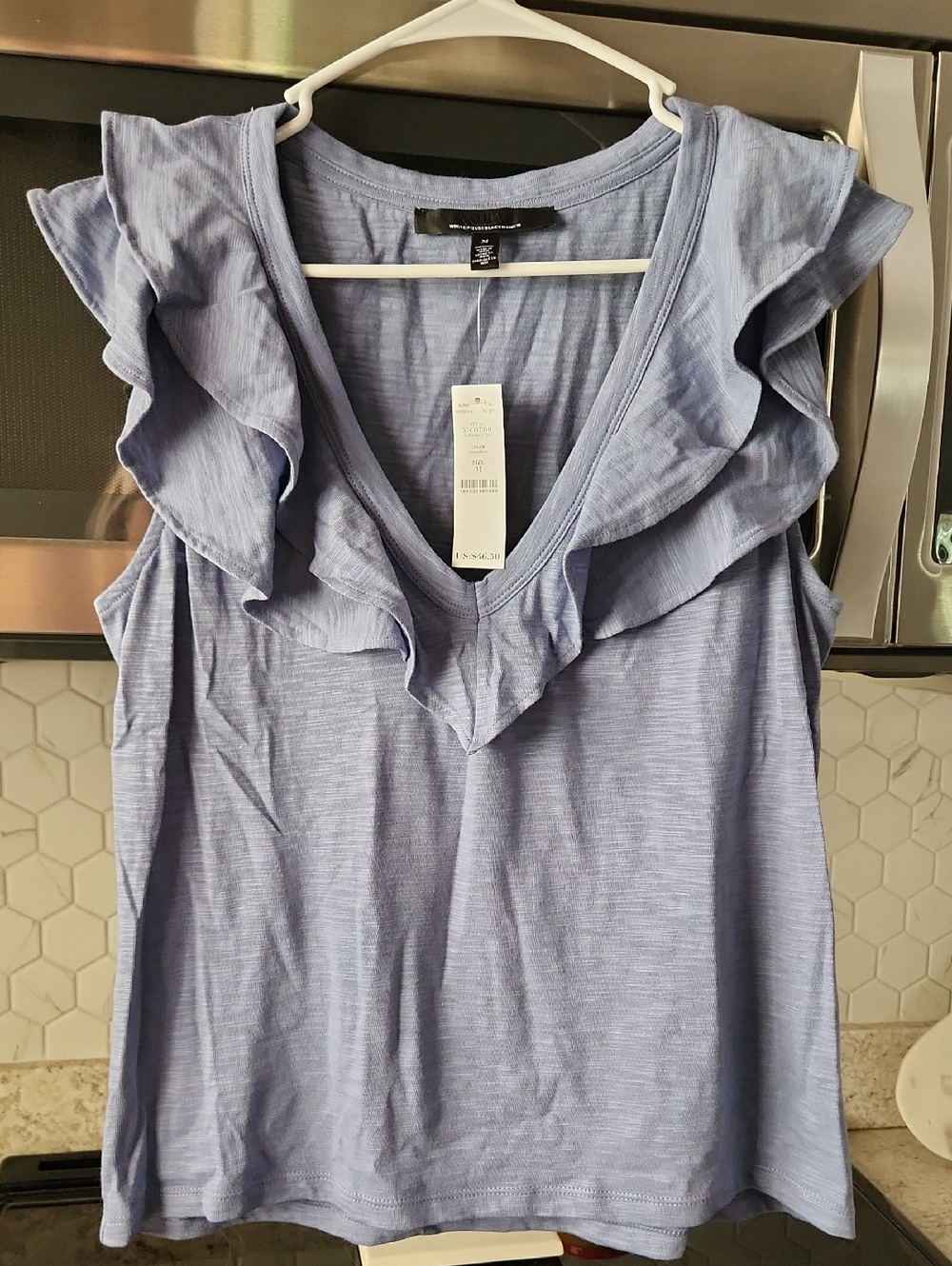 White House Black Market Light Blue Ruffle V-Neck Short Sleeve Top NWT